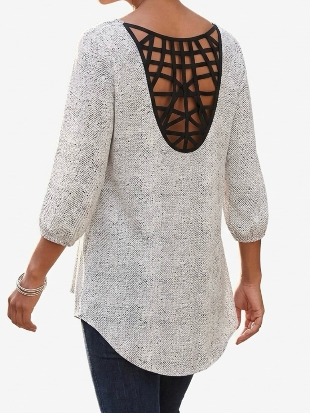 Maurices Strappy Cage Back 3/4 Sleeve High-Low Blouse White Black Chevron L EUC